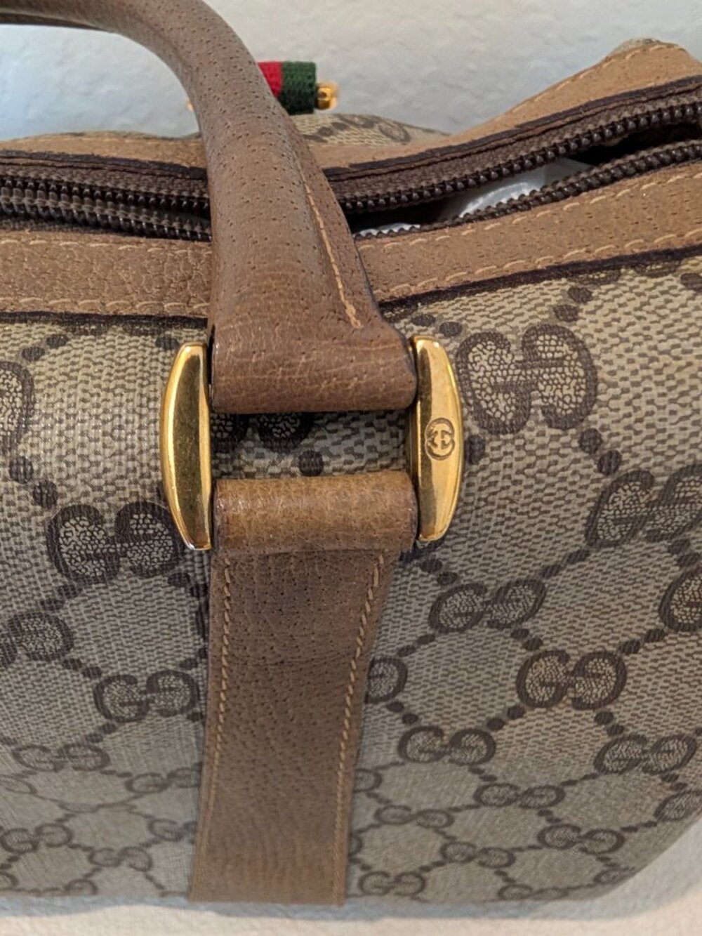 Vintage Gucci GG Monogram Boston Bag Brown Mahogany Web Stripe Top Handle Satche - Picture 3 of 10